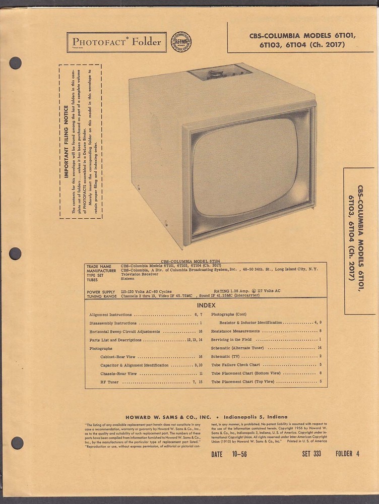 CBS-Columbia TV Model 6T Photofact Folder '56