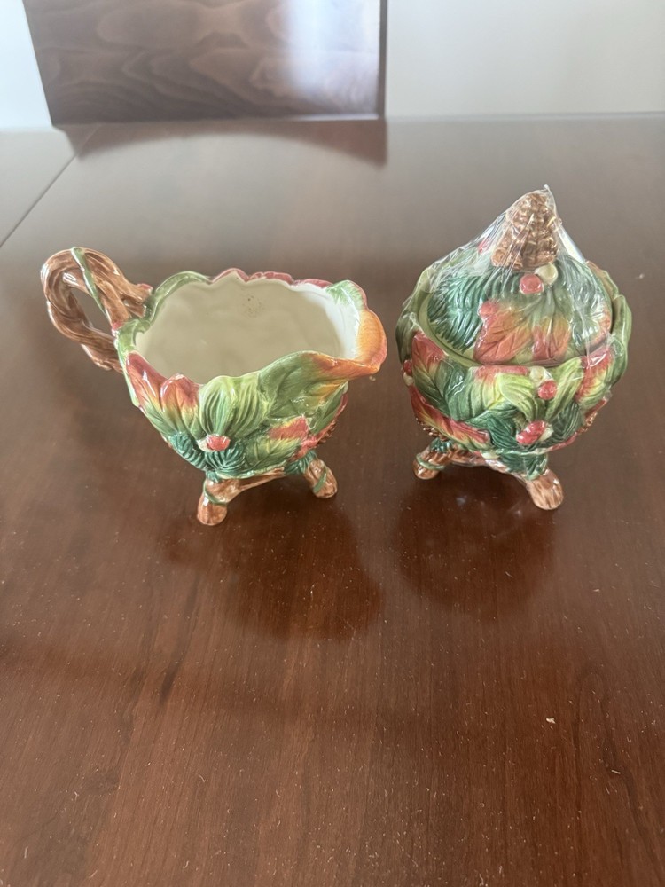 Fitz & Floyd Ceramic Creamer & Sugar Set Handmade Glazed Pinecone Design Lid