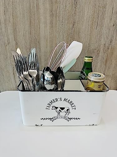 Distressed White Rustic Metal Silverware Caddy distressed white and black