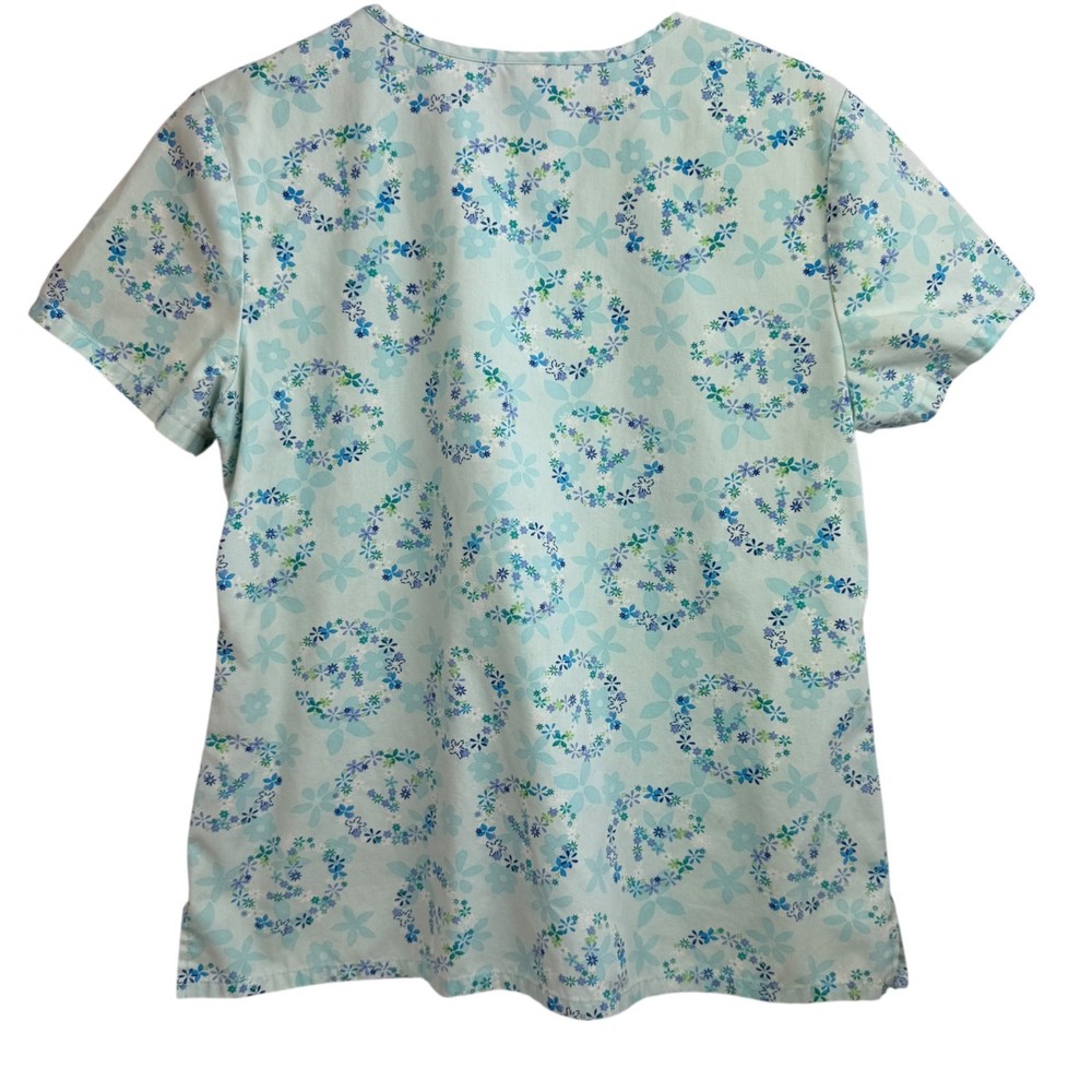 Dickies Scrub Top Size Small Blue With Flower Pattern Has Pockets A22