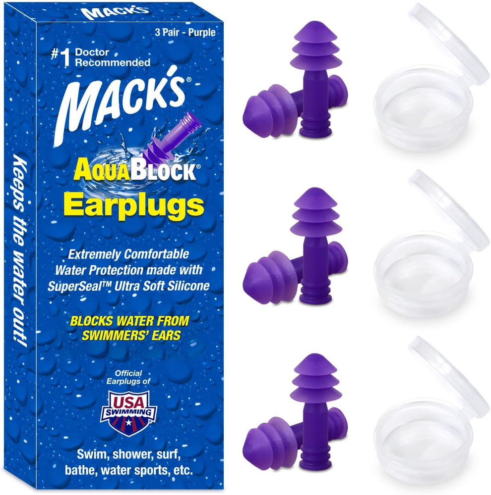 Aquablock Swimming Earplugs, 3 Pair - Comfortable, Waterproof, Reusable Silicone