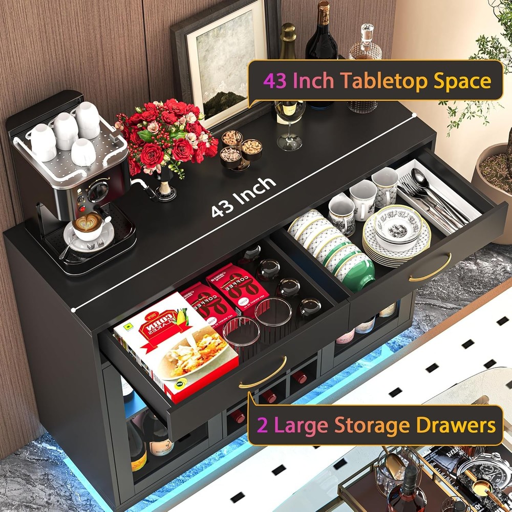 Black Wine Bar Cabinet with LED Lights Coffee Bar