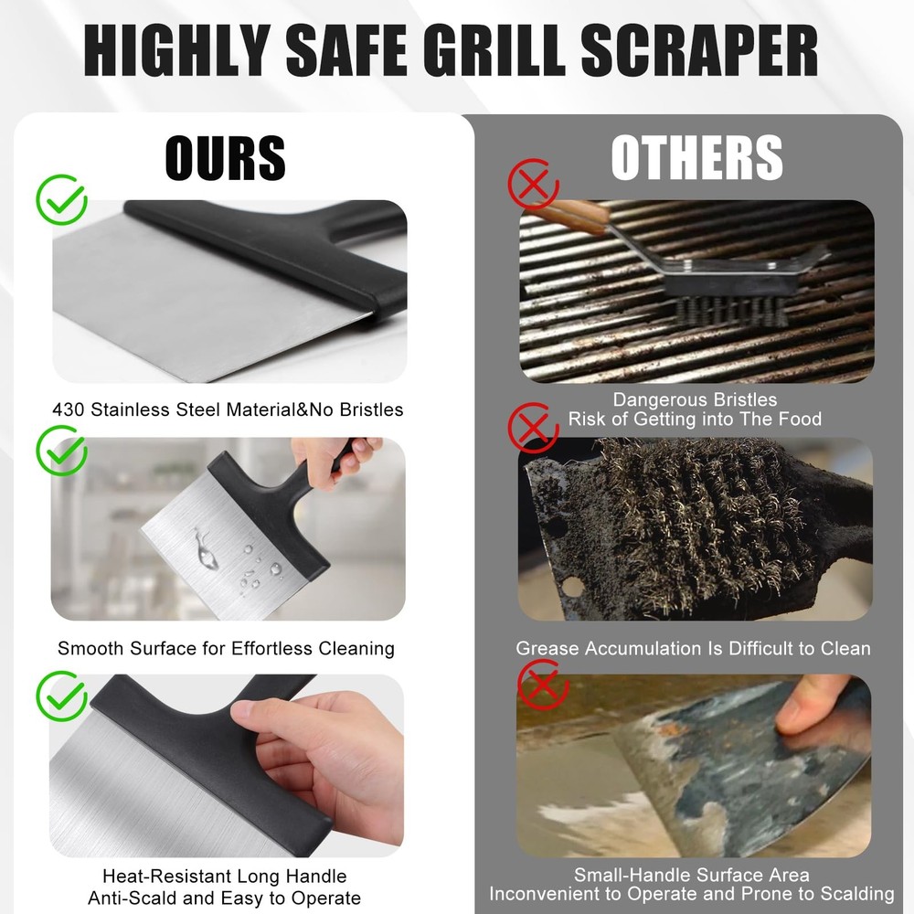 Grill Scraper, Griddle Food Scraper with Handle for Sliver&Black