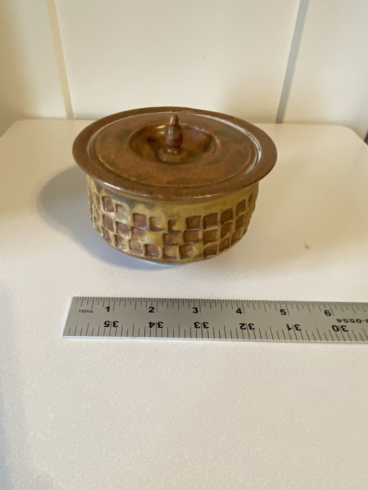 Unique Art Pottery Stoneware Lidded Jar Brown Beige Neutral Rust Square Pattern