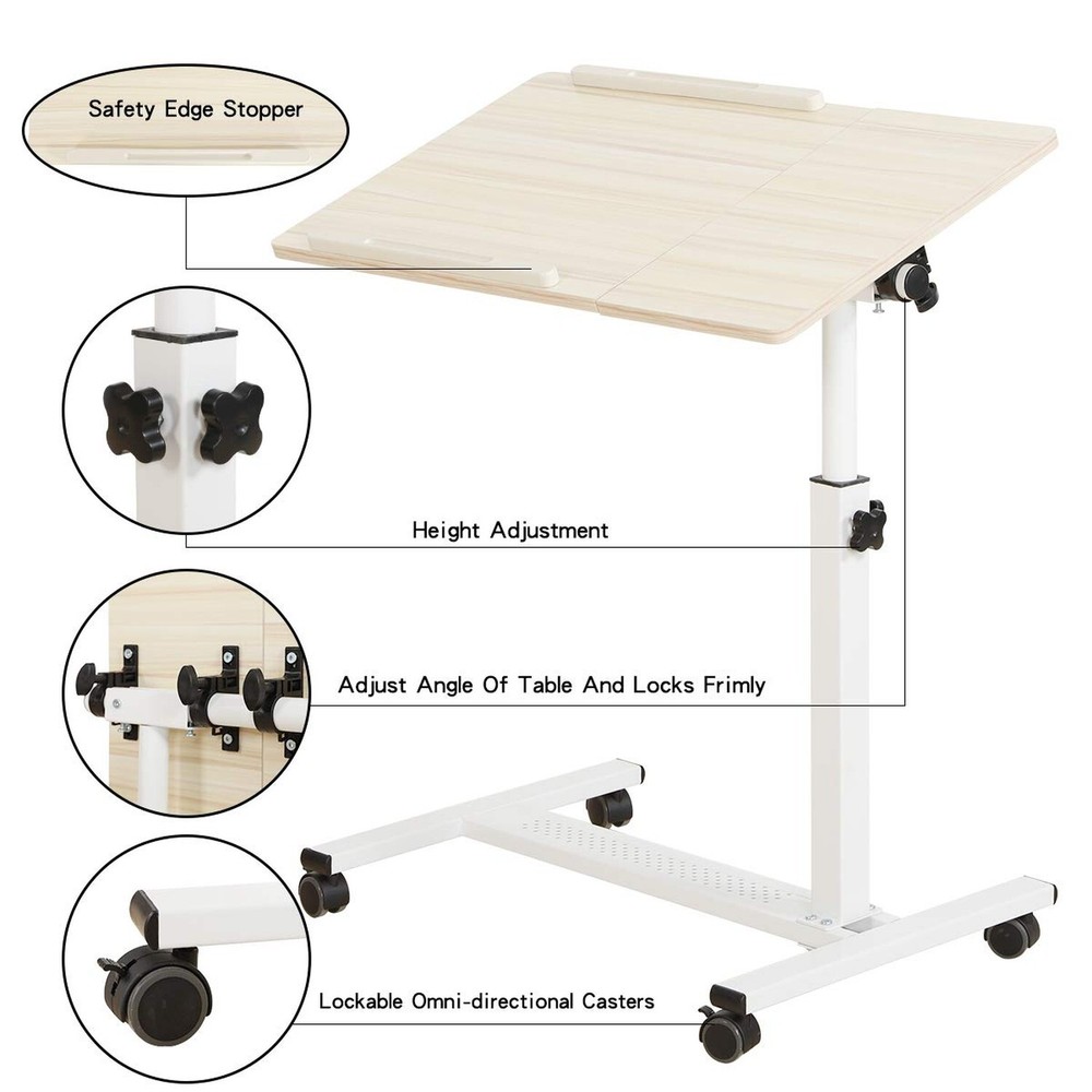 Tilting Overbed Table with Wheels Rolling Laptop Table Overbed Desk Rolling L...