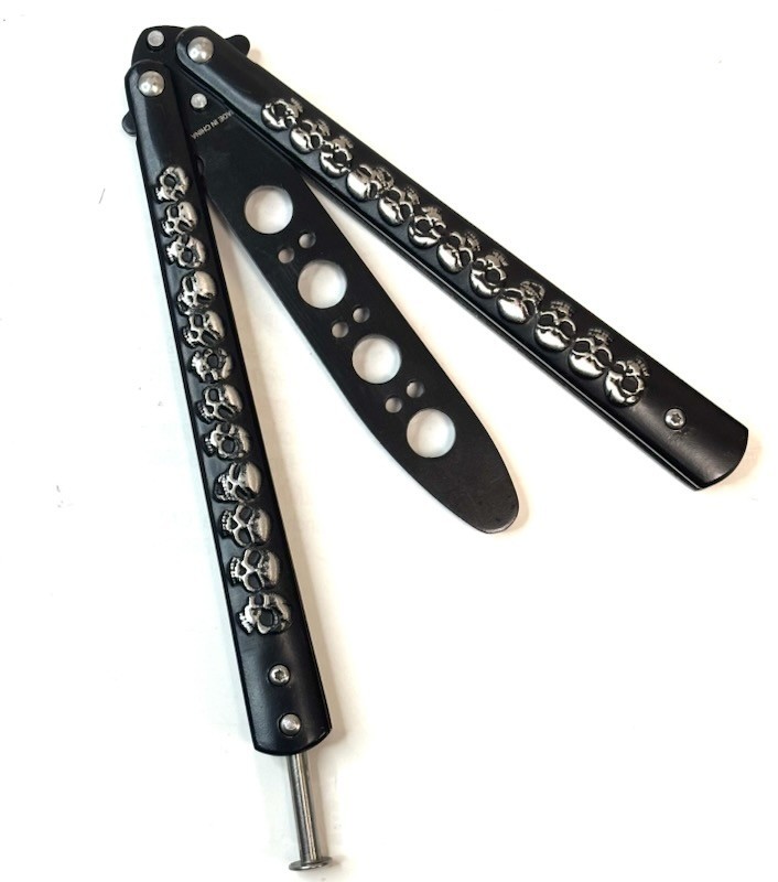 SILVER Skull High Quality Practice METAL Trainer Blade BUTTERFLY HANDLE