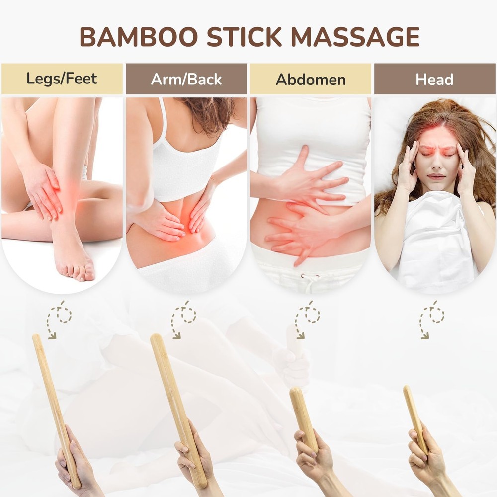 4PCS Solid Bamboo Massage Sticks & Guasha Set with Roller/Stick - 100% Bamboo...
