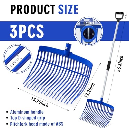 3 Sets Manure Fork with Long Metal Handle Pitch Fork Manure Blue D Shaped Grip