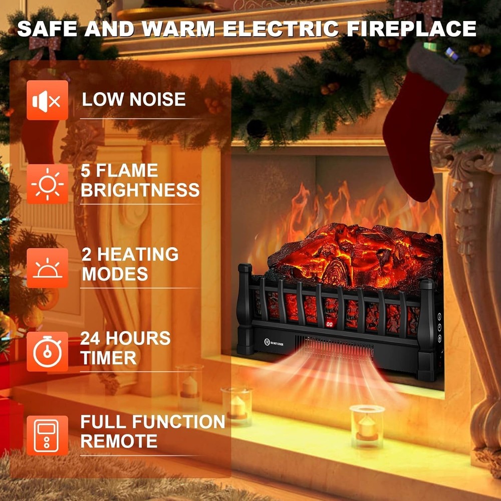 Sleek Electric Fireplace Logs - Remote Control Heating, Adjustable Flame & Timer