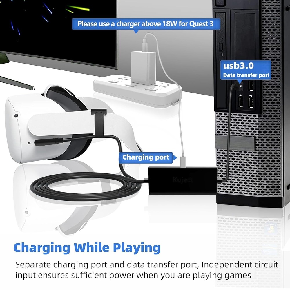 Durable 16FT USB Type A to C Link Cable for Quest 3/2 - Safe Charging Experience
