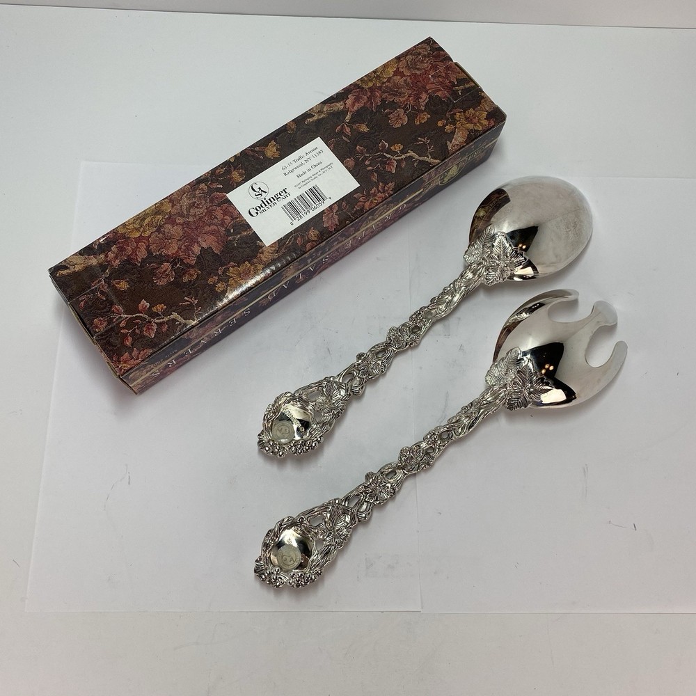 VTG 2-pc Godinger Silverplated Salad Serving Set - Fork & Spoon - Grape Design
