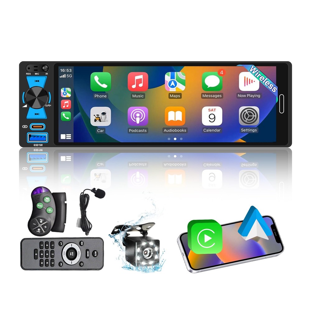 6.5" Single Din Touchscreen Radio with Wireless Apple CarPlay & Android Auto,...