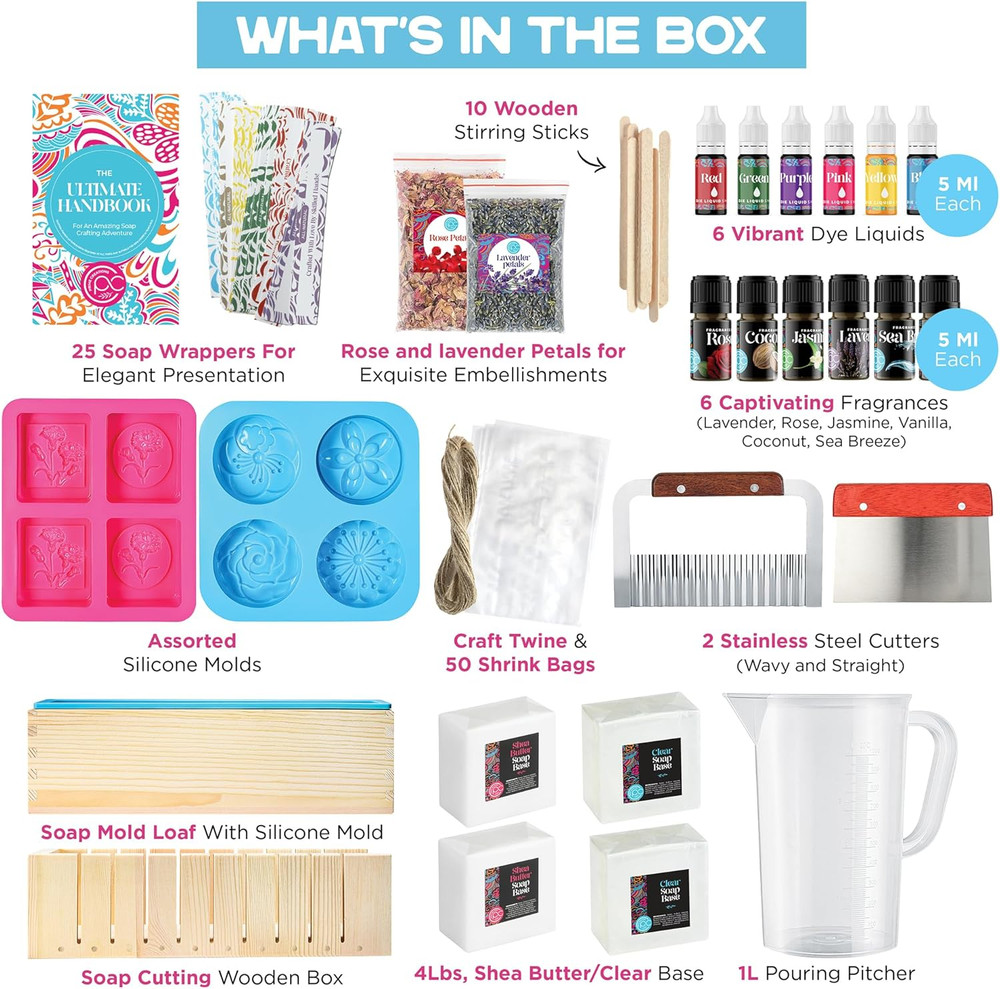 Soap Making Kit with Melt & Pour Base, Cutting Box, Molds, Fragrances - for Adul
