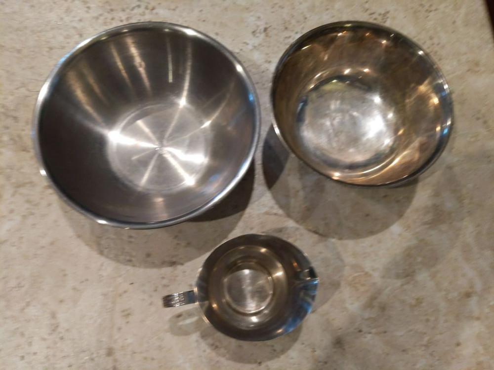 2 Stainless Steel Bowls + Small Pitcher, NEEDS EXTREME CLEANING & RUST REMOVAL