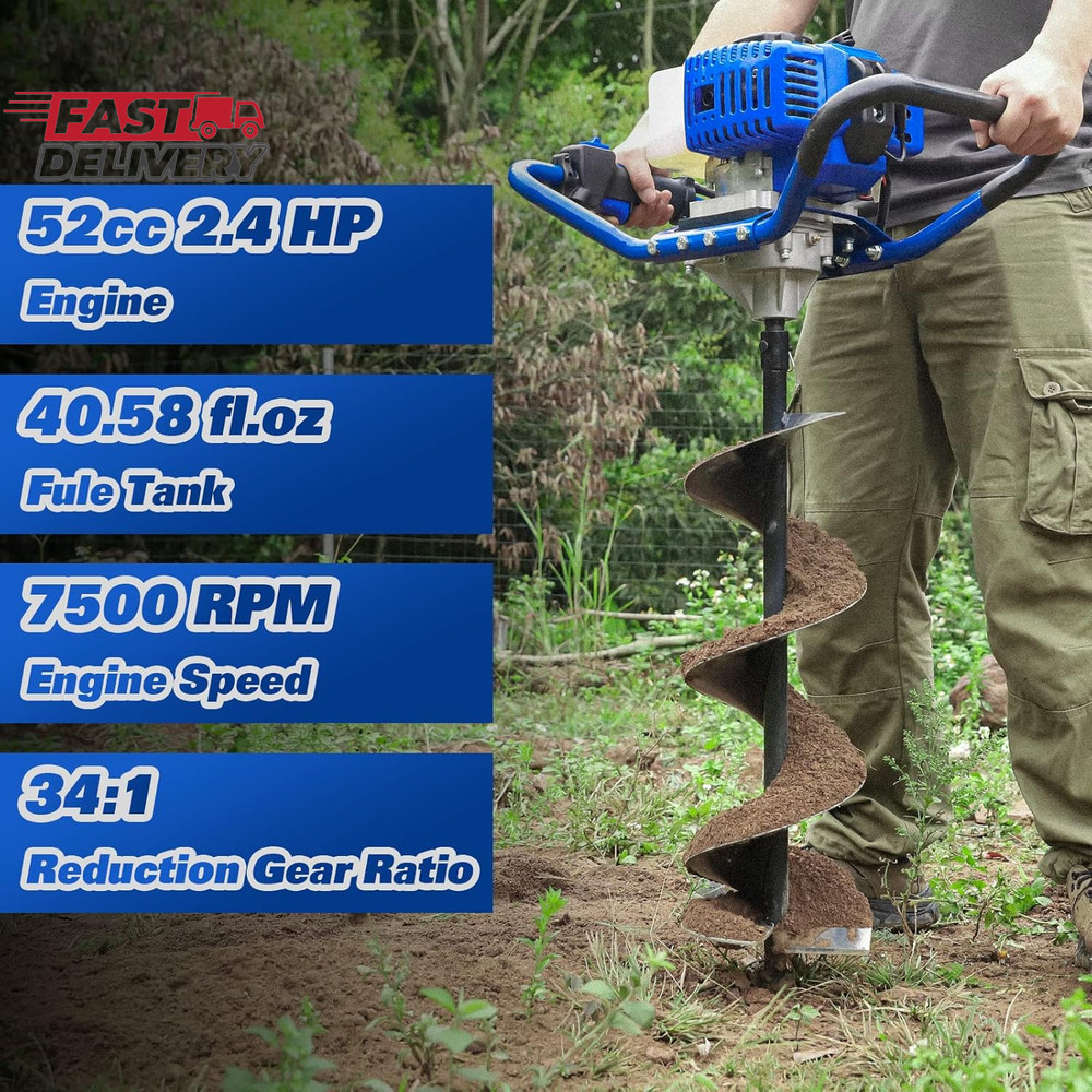 BILT HARD Post Hole Digger Gas Powered, 52Cc 2.4 HP 2 Stroke Engine Earth Auger