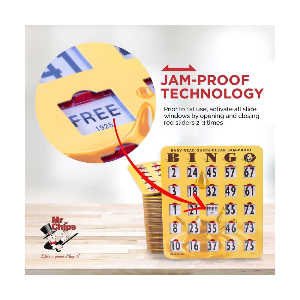 MR CHIPS Jam-Proof Easy-Read Quick-Clear Large Print Fingertip Slide Bingo Ca...