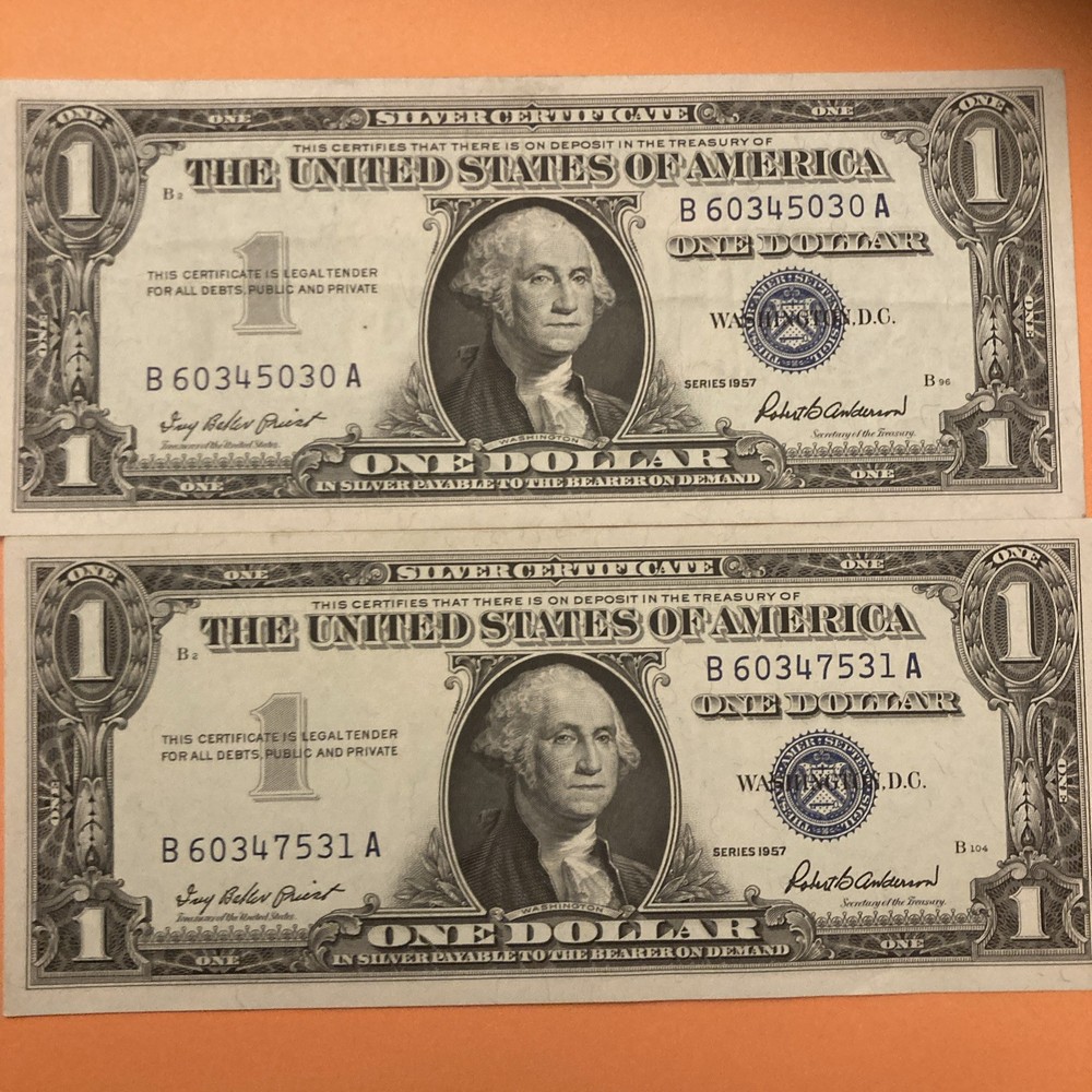 2 Consecutive Serial Numbered 1957 Silver Certificate In Uncirculated Condition