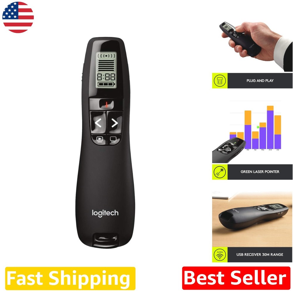 Logitech R800 Wireless Presenter, Green Laser Pointer, 100ft Range, LCD Timer