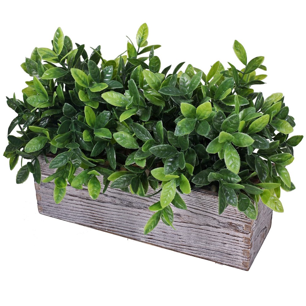 Artificial Eucalyptus Plant in Rustic Rectangular Wooden Planter Box Faux Pot...