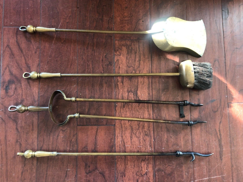 Antique Fireplace Brass Tool Set Four Pieces & Stand