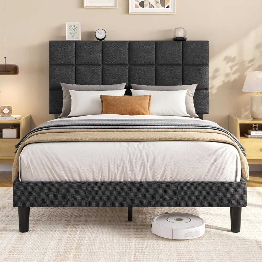 Full Platform Bed Frame with Linen Upholstered Adjustable Tall Headboard, No Box