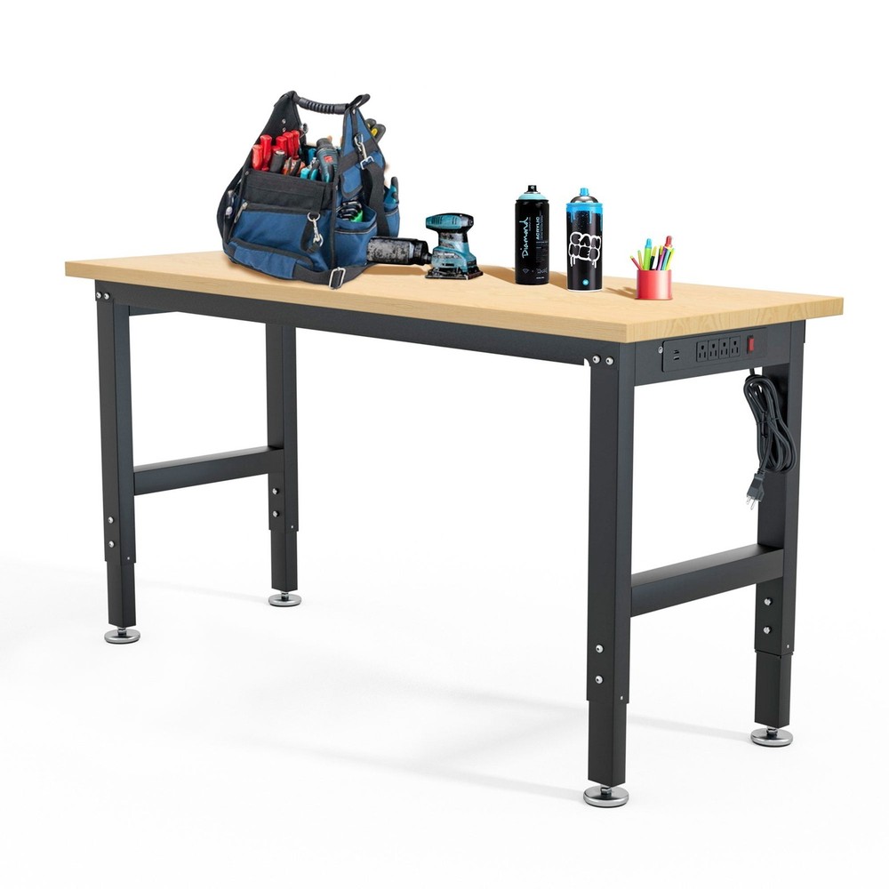 48" Worktable Adjustable Heavy-Duty Steel Frame Solid Rubberwood Tabletop Power