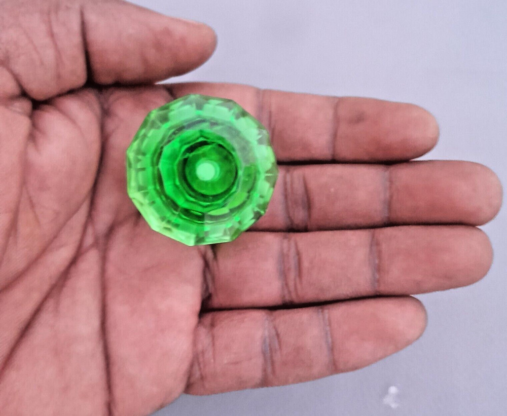 vtg Light green victorian diamond cut glass drawer knob handle pull 2PC