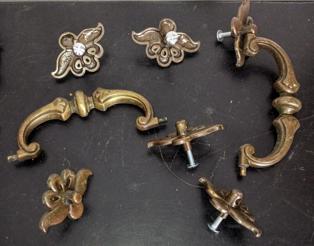 4 Vintage original, Brass Drawer Pulls, 2 inch CTC. Used, complete, VGC