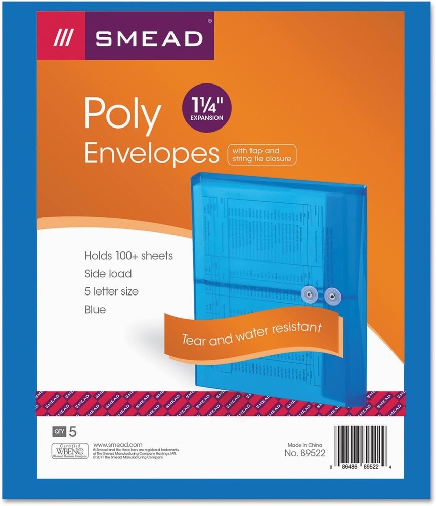 5 Blue Poly Envelopes - Tear and Water-Resistant with Secure Tie Closure