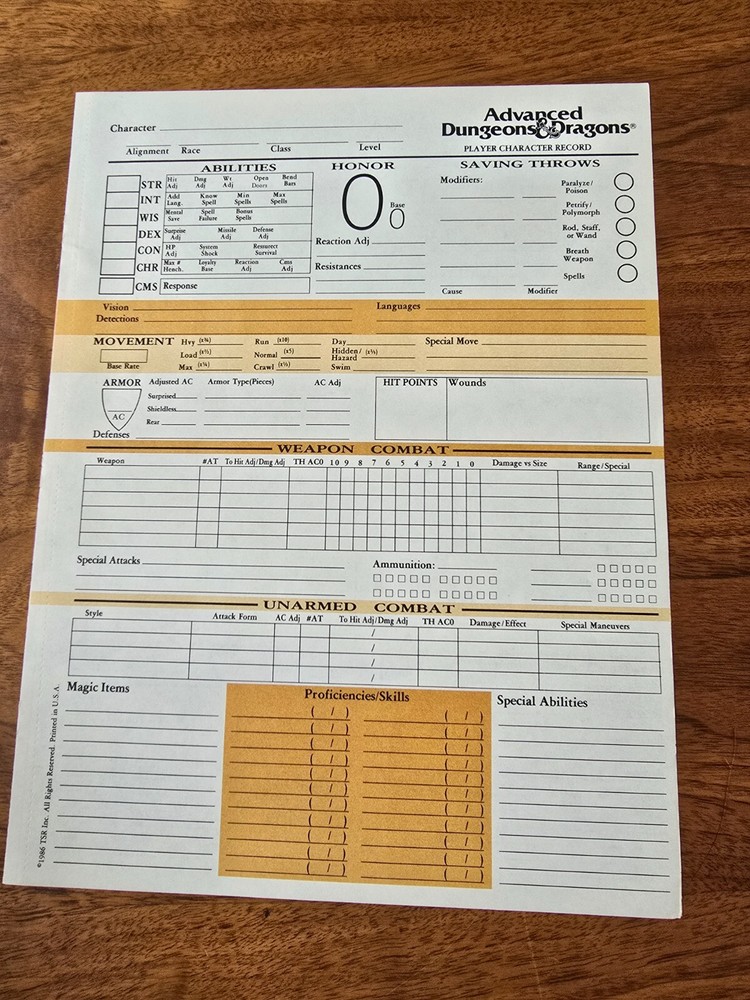 AD&D 1st Edition REF2 Player Character Record Sheet Singles TSR