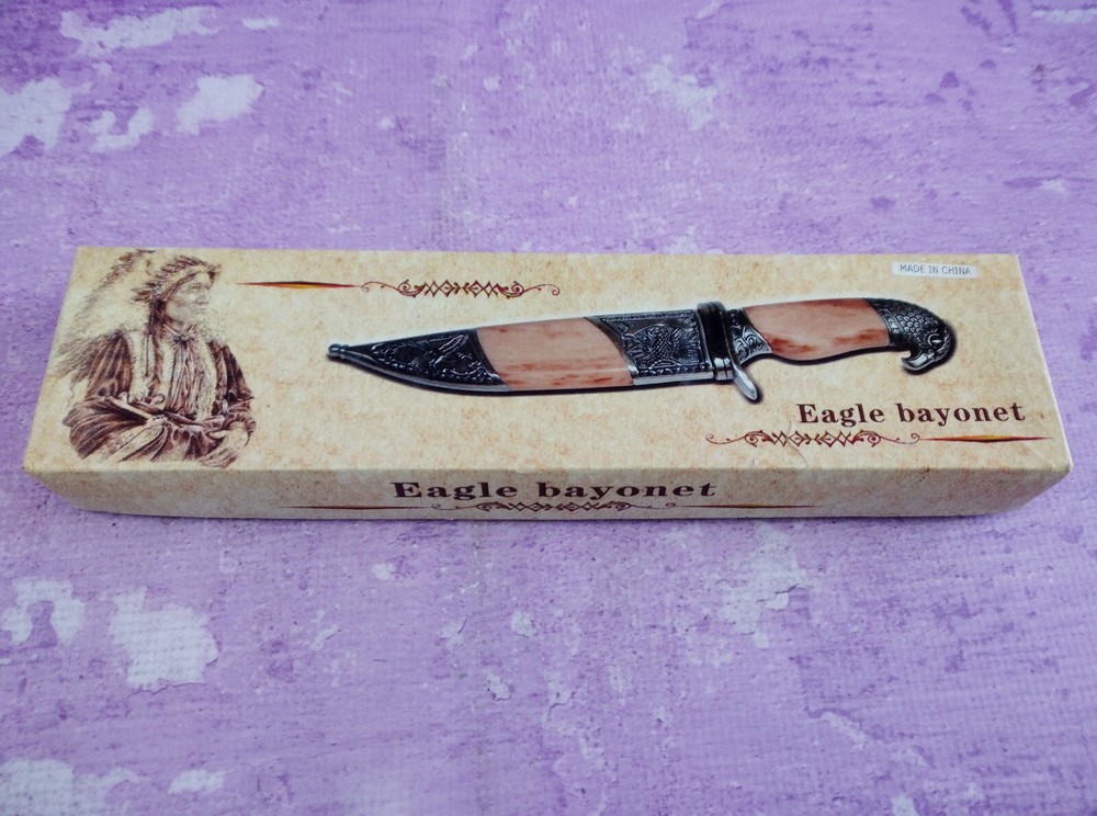 Etched Eagle Bayonet Fixed Blade Knife 6in with Sheath Box Eagle Handle Unique