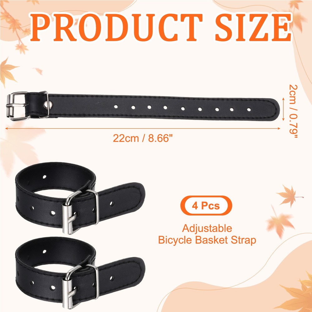 4 Pcs Adjustable Leather Bicycle Basket Strap, Black