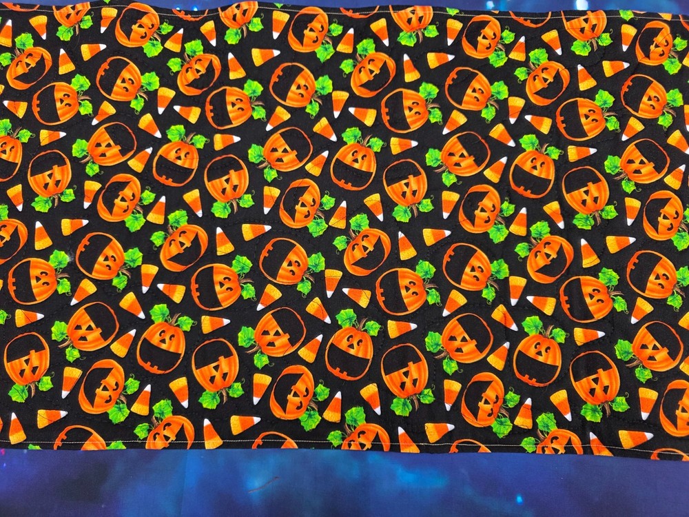 Handmade Quilted Table Runner Halloween Pumpkins candy corn polka dots