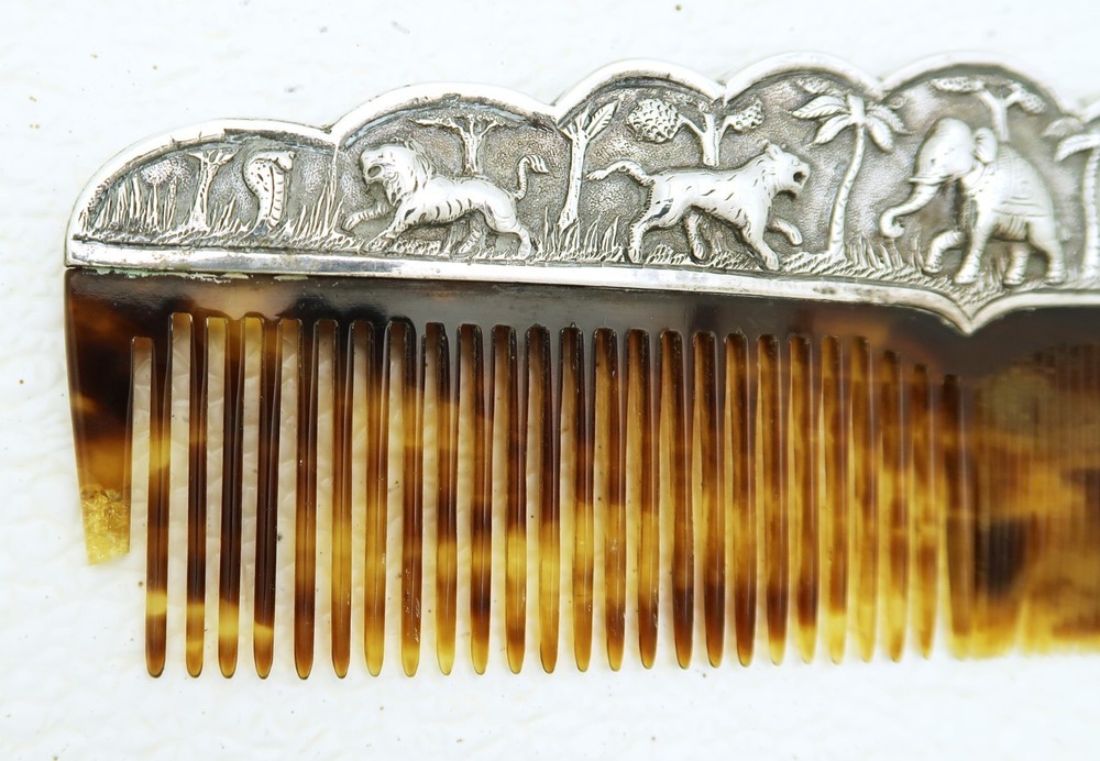 Swami Style Solid Silver Raj India Colonial Comb Figural Elephant Camel Tiger