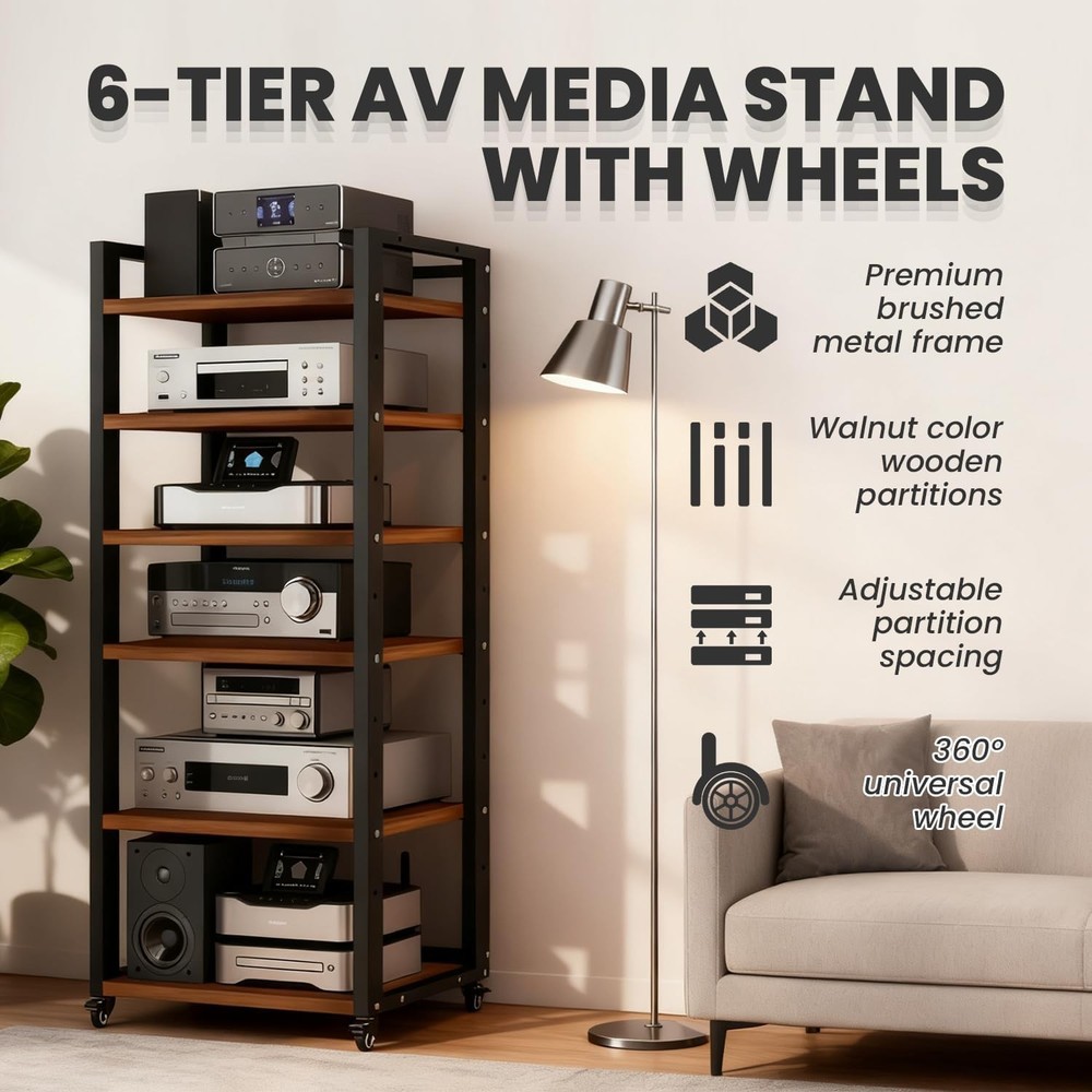6 Tier AV Media Stand Wheels Adjustable Shelf
