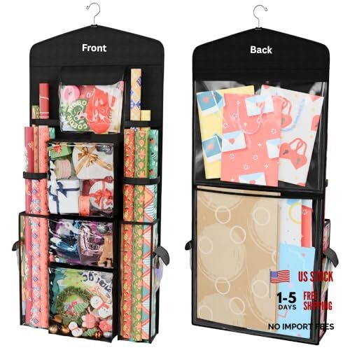 Hanging Double Sided Wrapping Paper Storage Organizer With Multiple Black