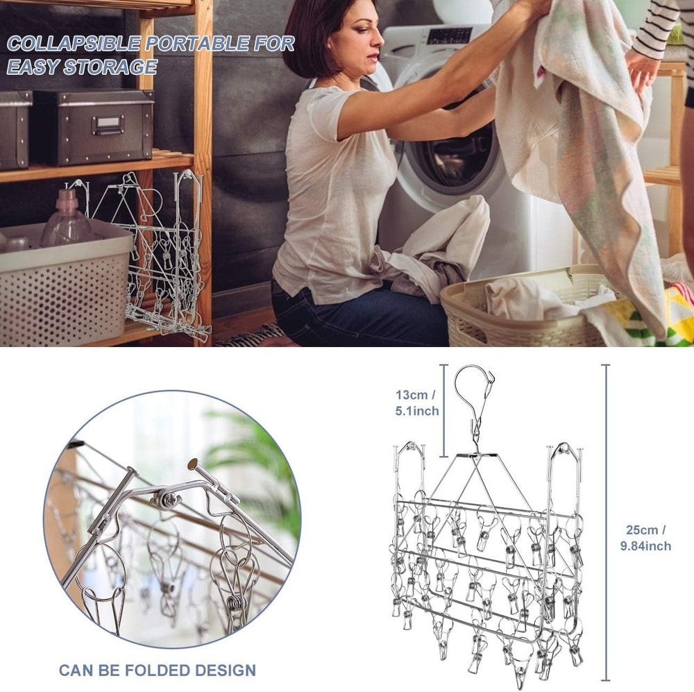 Drying Rack, 52 Clips Stainless Steel Laundry Drying Rack Folding