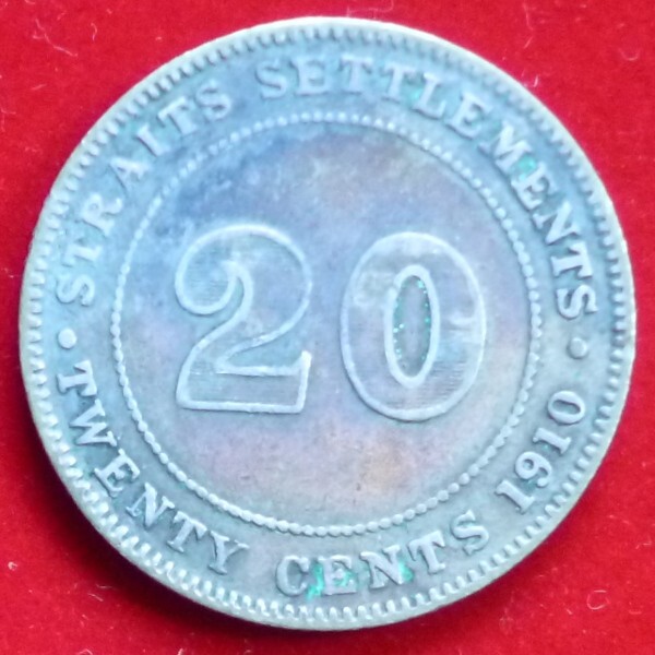 ​Straits Settlements 20 Cents 1910 B km 22a Silver