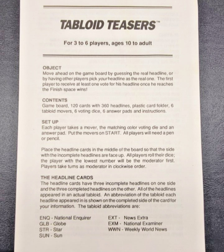 TABLOID TEASERS BOARD GAME #3655 1991