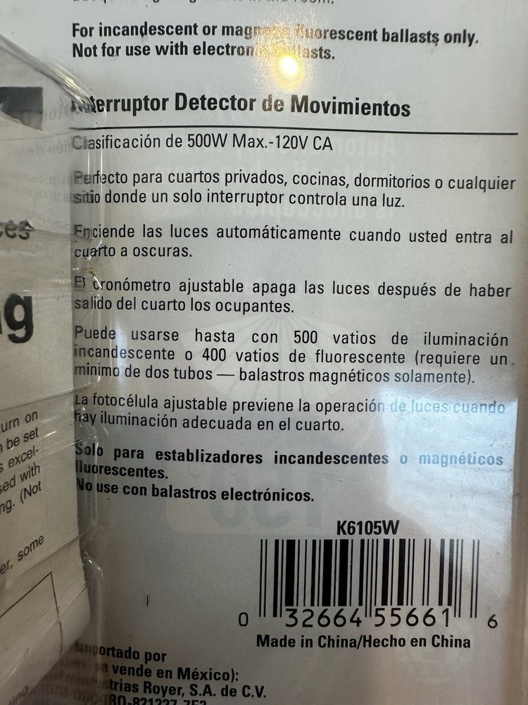 Cooper Wiring Devices K6105W Occupancy Sensor Wall Switch White 120V