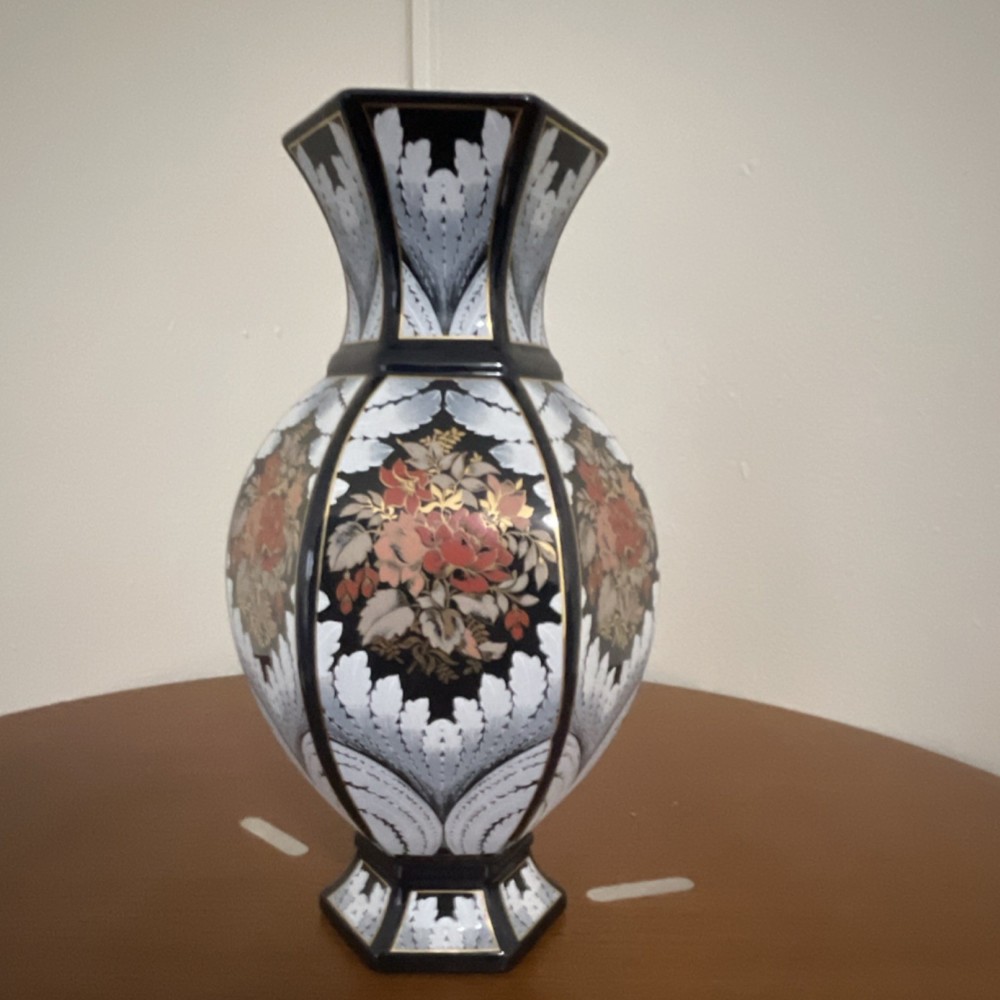 Ceramiche Hexagonal Ceramic Vase Black White Multicolor Floral Design