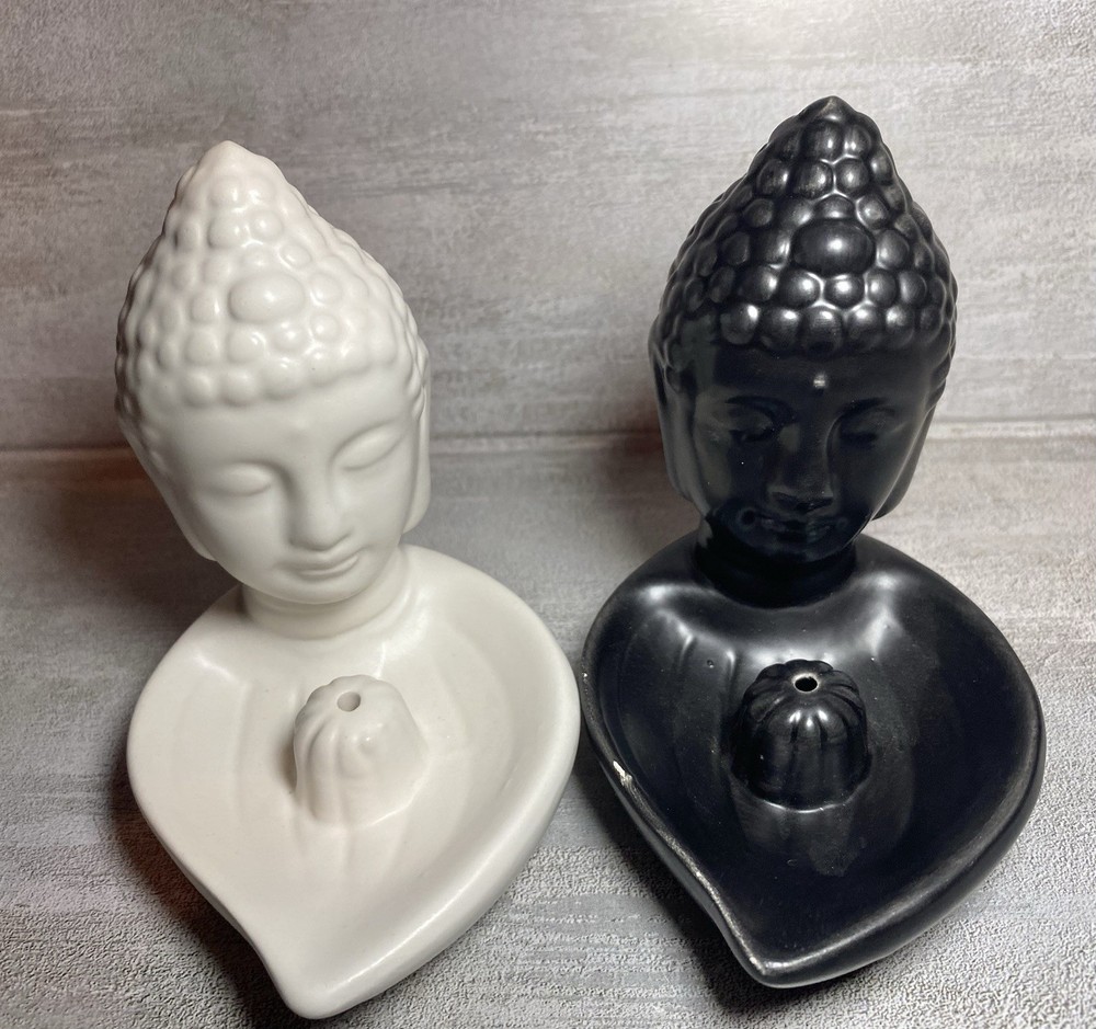 Buddha Head Backflow Incense Burner Set - Black & White Ceramic Zen Decor