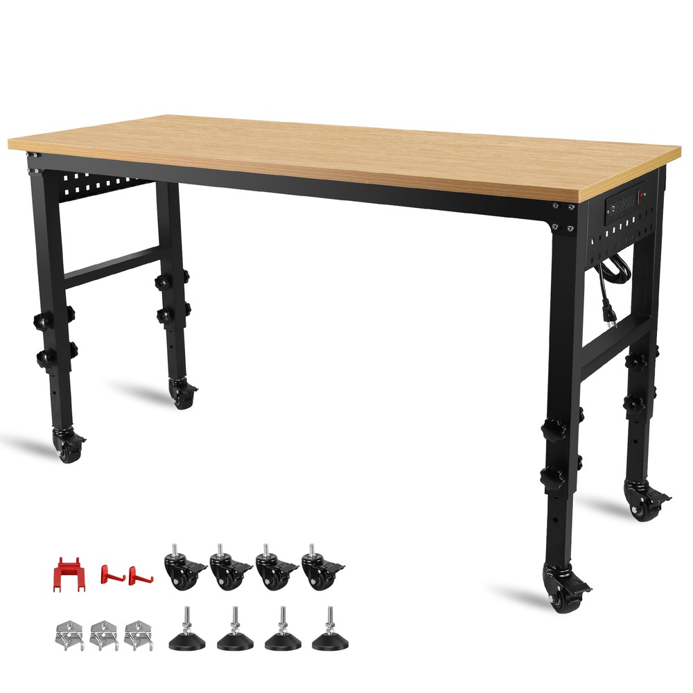 60" ×24'' Adjustable Workbench Rolling Worktable with Power Outlet and Wheels