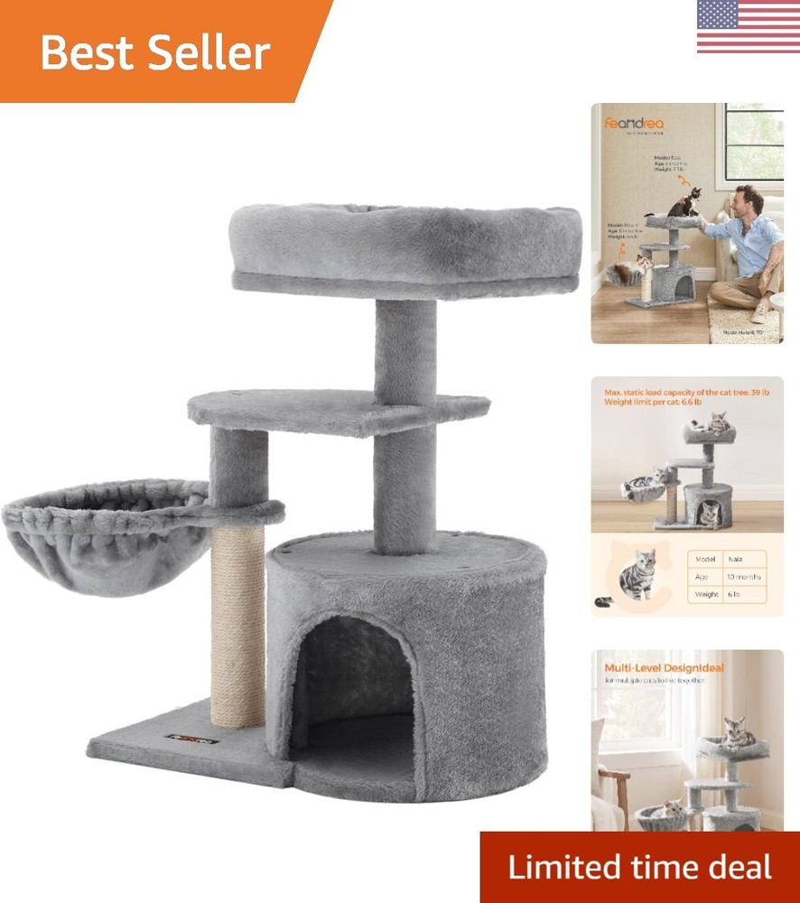 Small Cat Tree - Scratching Post - Basket - Cave - Light Gray - Compact Size