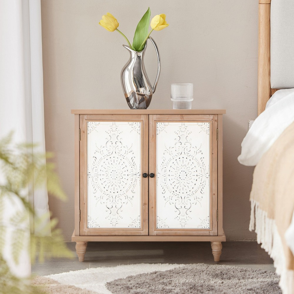 Accent Cabinet with 2 Doors Distressed Storage Cabinet with Carved Pattern Brown