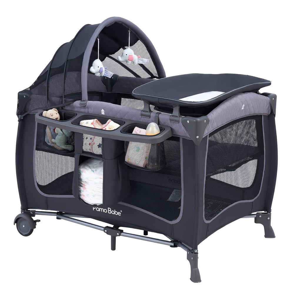 Baby Playard with Canopy, Portable Crib with Changing Table