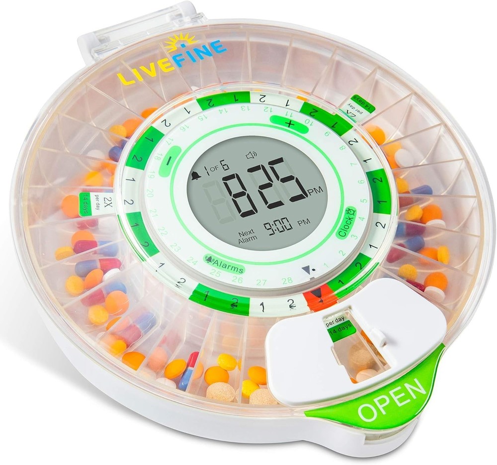 Automatic 28-Day Medication Organizer with Adjustable Sound and Visual Alarms