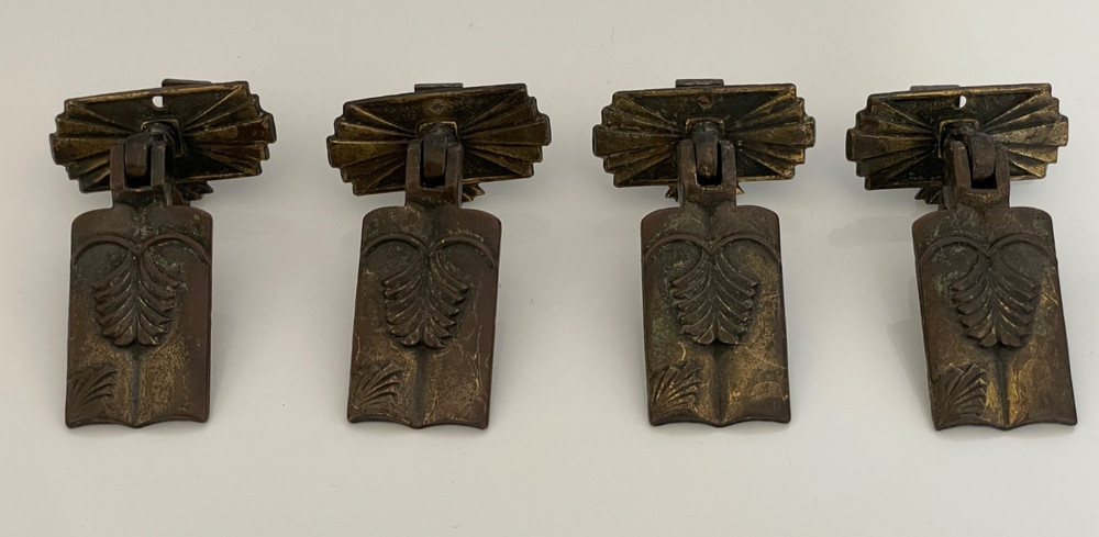 4 Art Deco Antique Solid Brass Drawer Drop Handles Pulls c/w Fixing Bolts