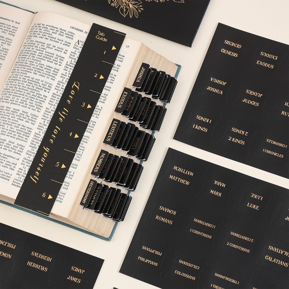 Laminated Bible Tabs, Gold Foil Embossed Lettering Chapter Index Black