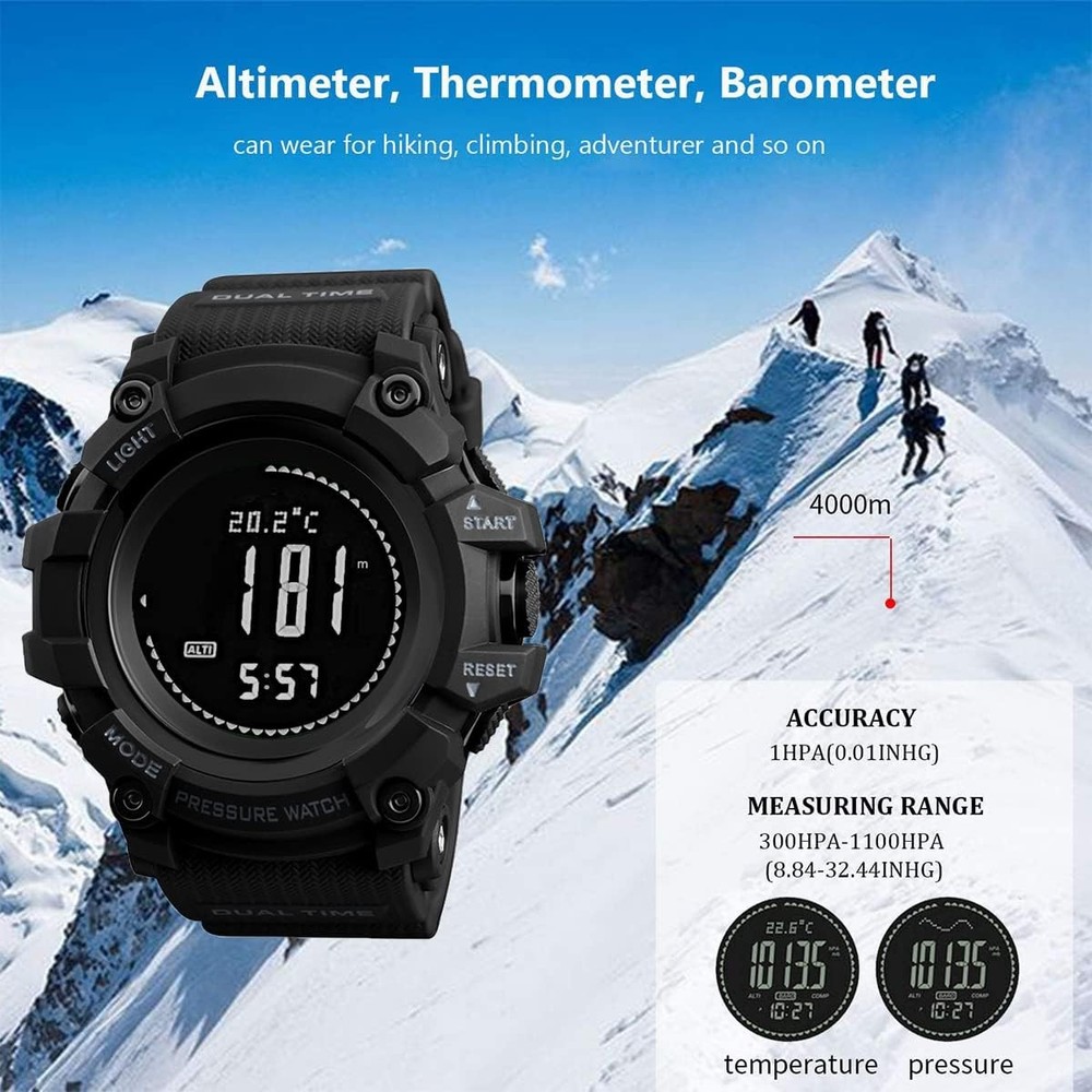 AOSLSI Watch Compass, Altimeter Barometer Thermometer Temperature, Black-A